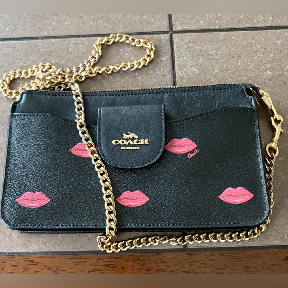Coach Black Leather Crossbody with Pink Kiss Prints and Gold Chain